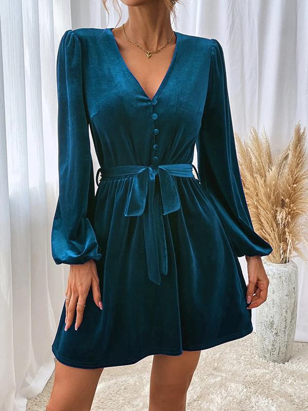 A-Line Long Sleeves Buttoned Elasticity Solid Color Split-Joint Tied Waist Velvet V-Neck Mini Dresses Product Image