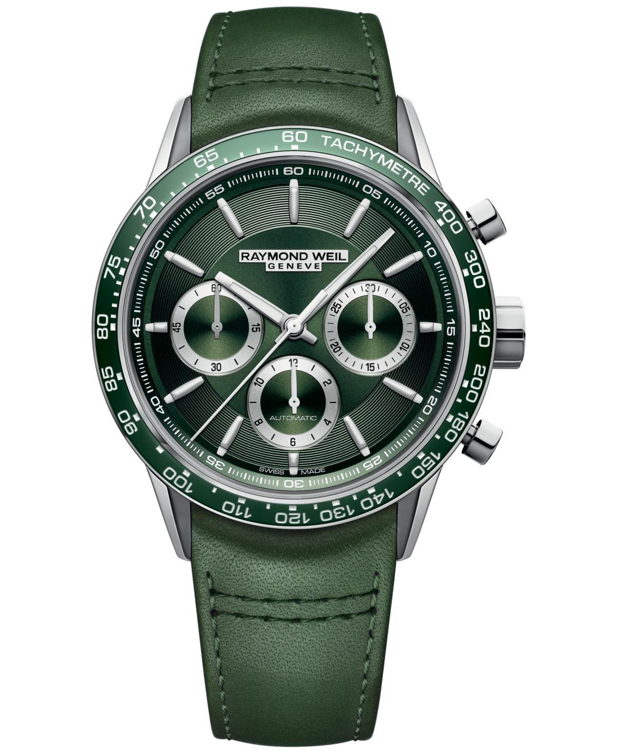 Raymond Weil Mens Swiss Automatic Chronograph Freelancer Green Leather Strap Watch 43.5mm Product Image