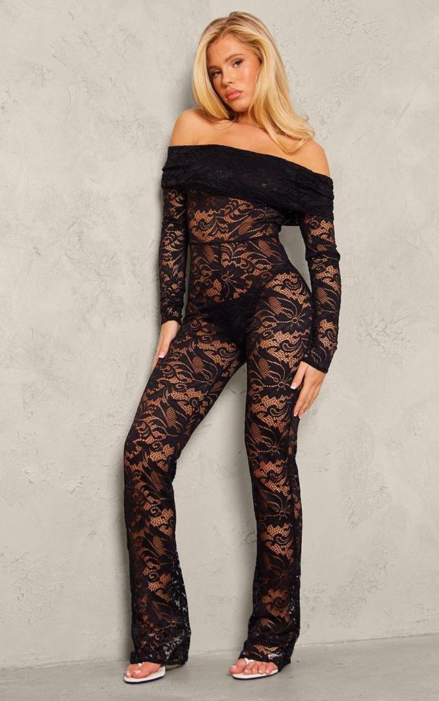 Black Lace Foldover Bardot Long Sleeve Jumpsuit Product Image