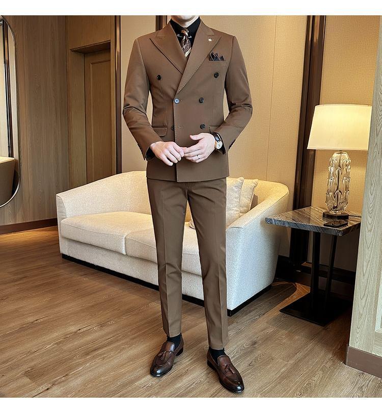 Set: Plain Double-Breasted Blazer + Dress Pants Product Image