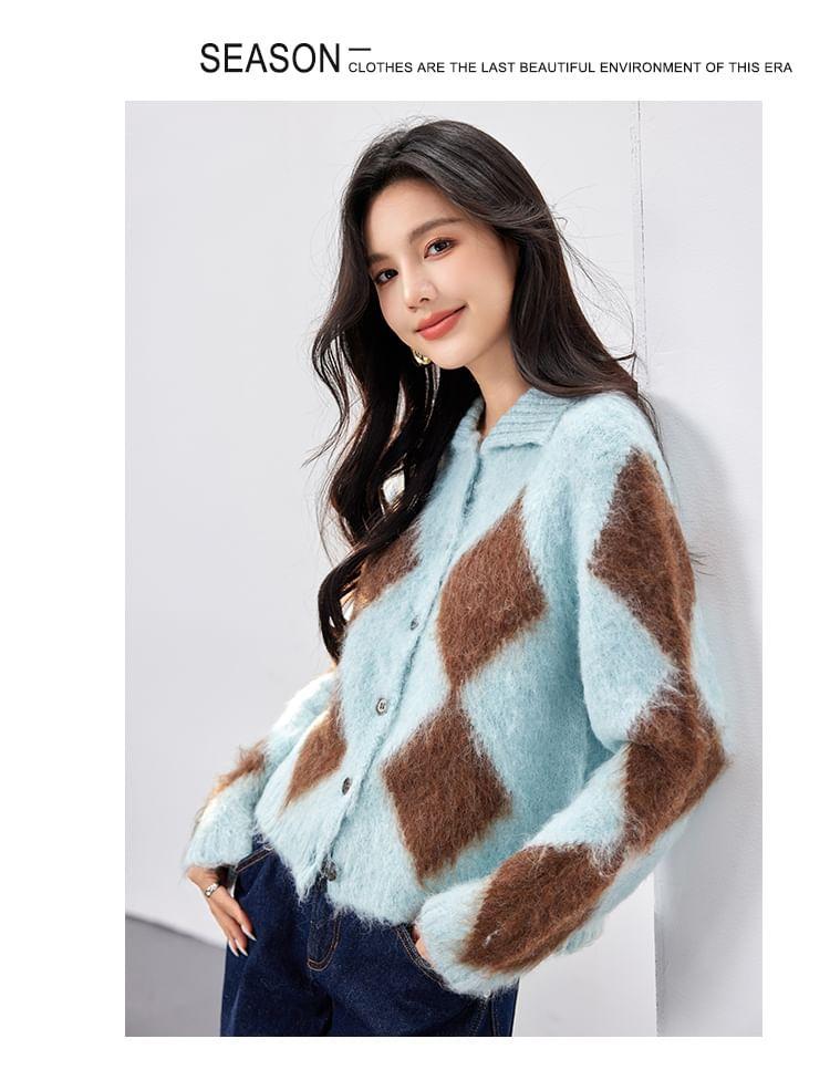 Collar Argyle Fluffy Cardigan Product Image