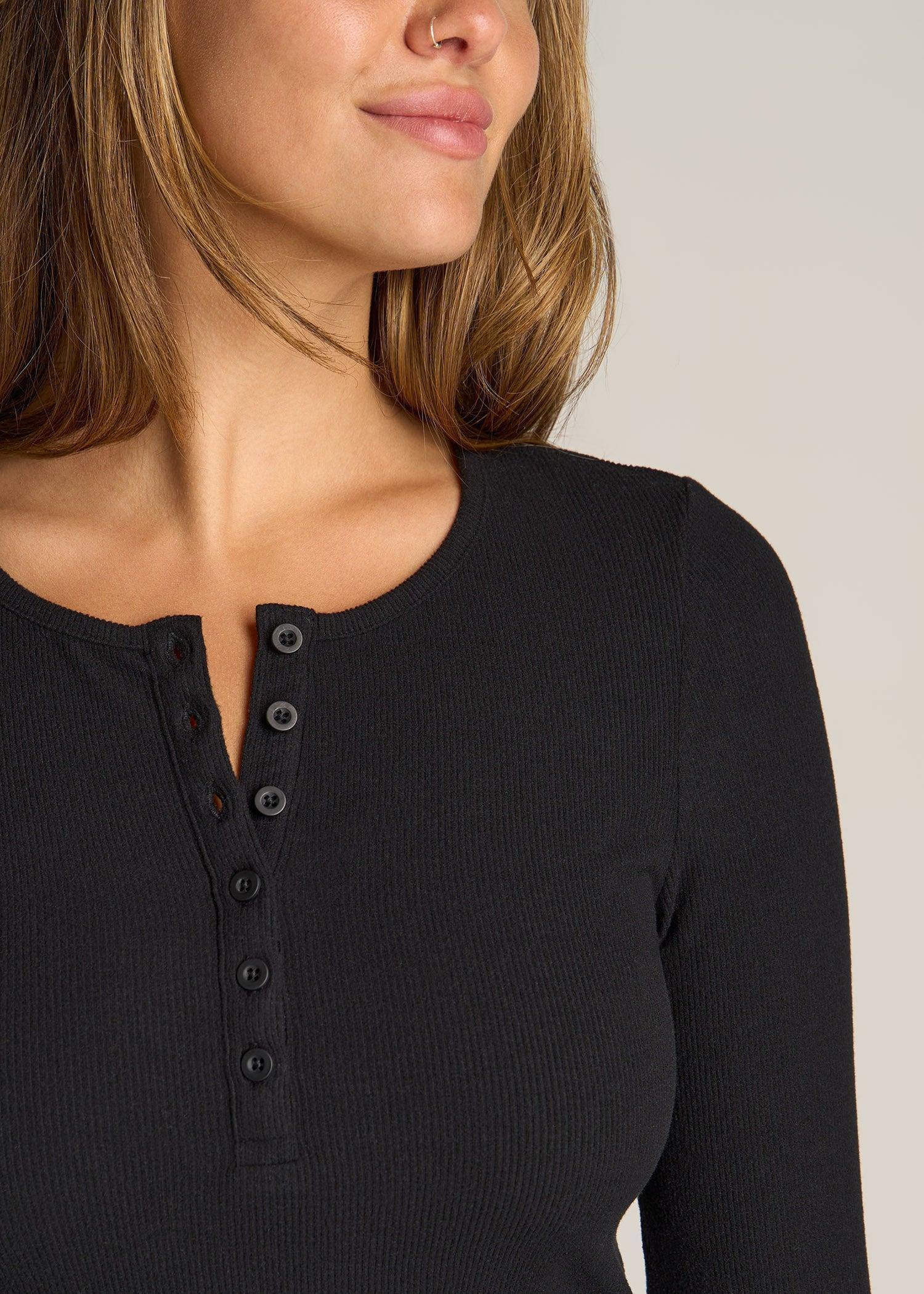 Long Sleeve Ribbed Crewneck Women's Tall Henley Shirt in Black Product Image