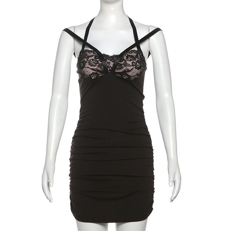 Spaghetti Strap Plain Lace Trim Mini Bodycon Dress Product Image