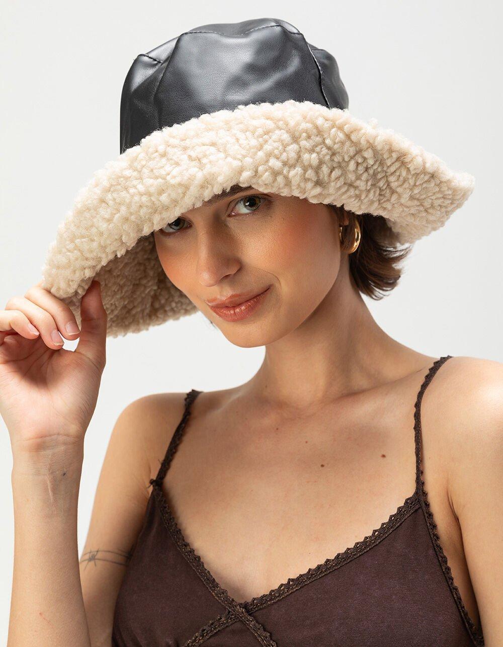 Faux Leather Sherpa Fur Womens Bucket Hat Product Image