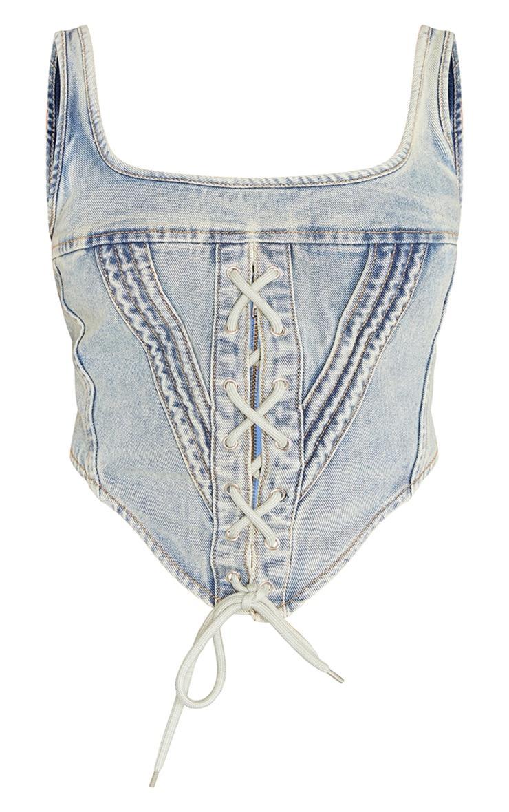 Vintage Mid Wash Lace Front Square Neckline Denim Top Product Image