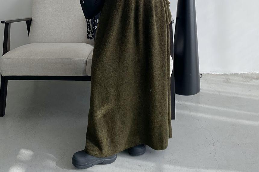 Turtleneck Plain Button Cardigan / High Rise Plain Maxi A-Line Skirt Product Image