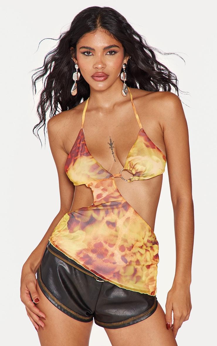 Yellow Cut Out Printed Mesh Long Top product image