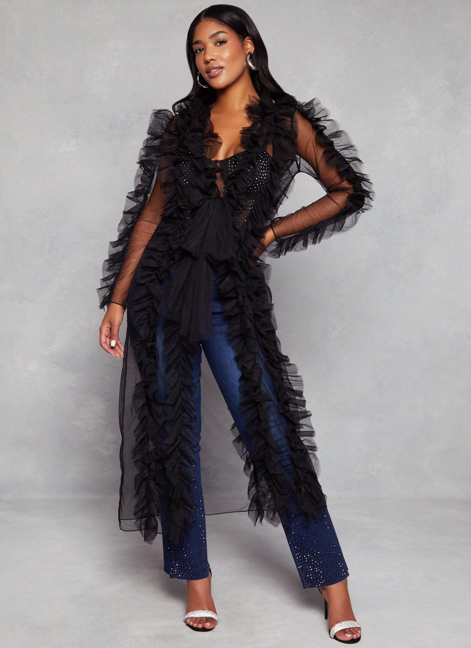 Womens Mesh Ruffle Trim Tie Front Duster Product Image