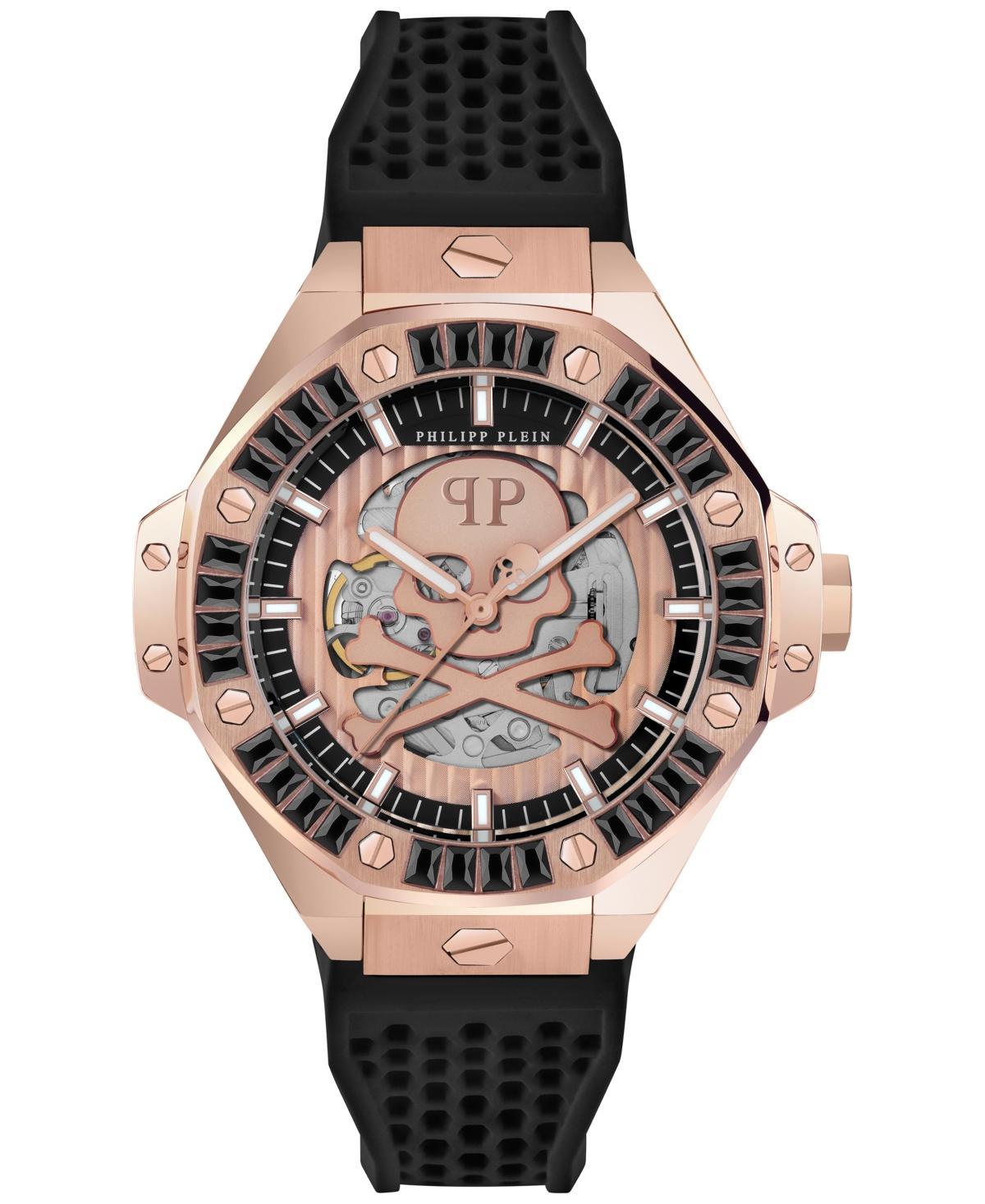 Philipp Plein Mens Automatic Skeleton Royal Black Silicone Strap Watch 46mm - Rosegold Product Image