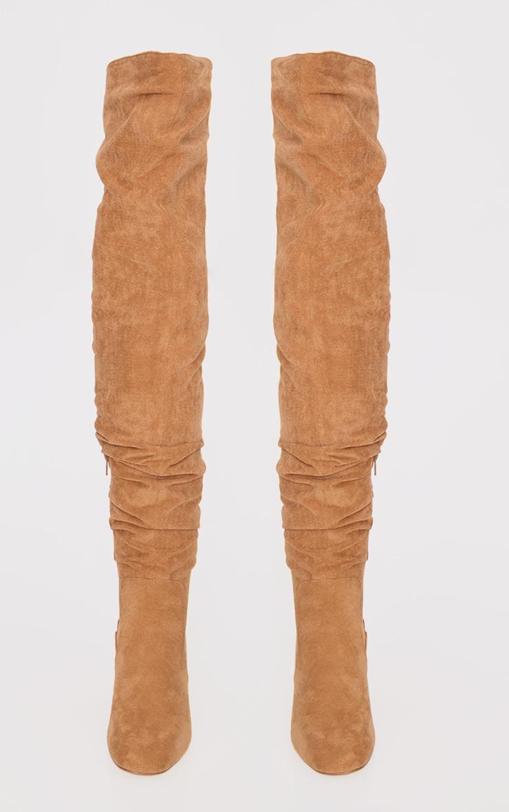 Camel Faux Suede Round Toe Ruched Over The Knee Block Heeled Boots Product Image