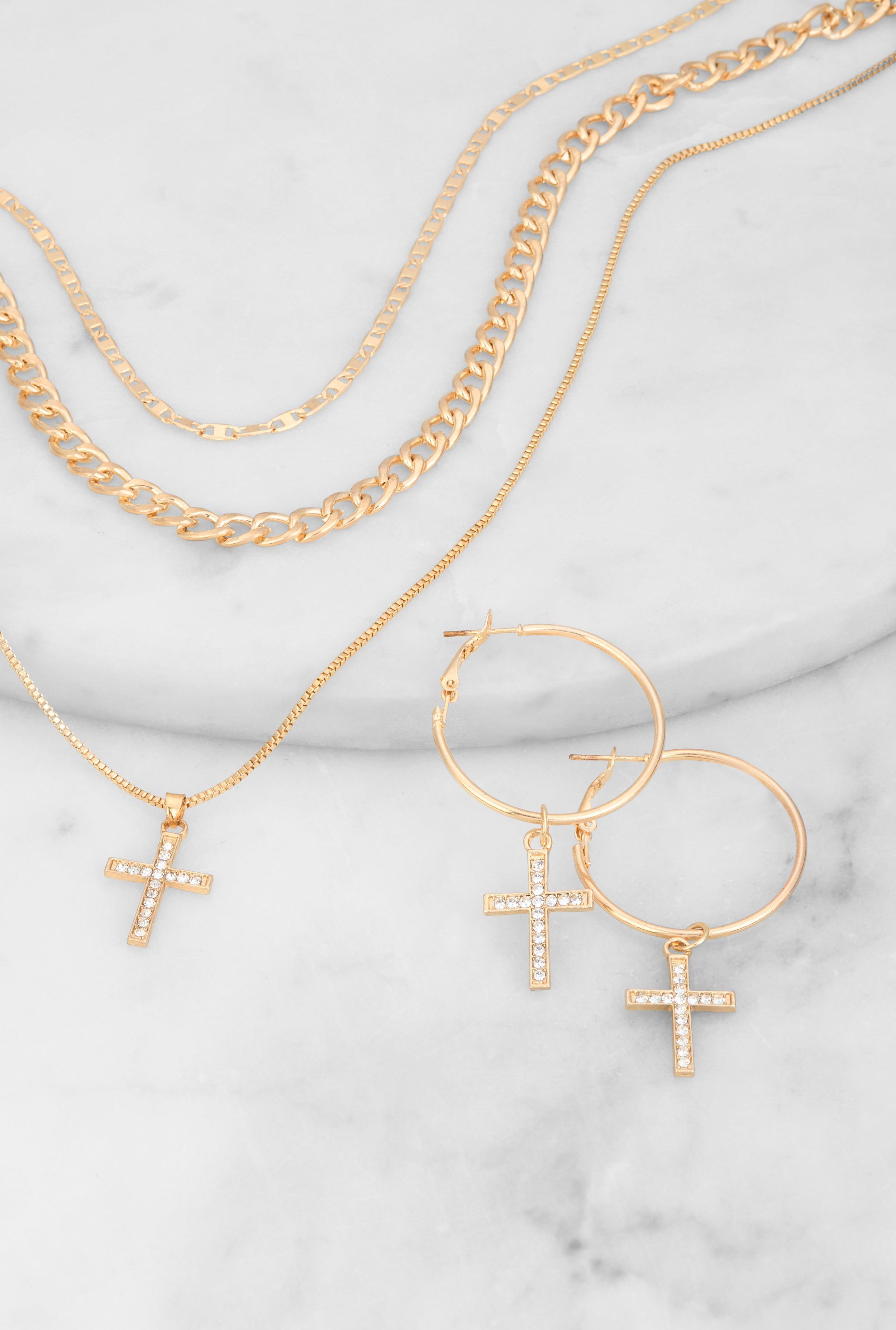 Cubic Zirconia Cross Layered Necklace and Earrings Set Female Product Image