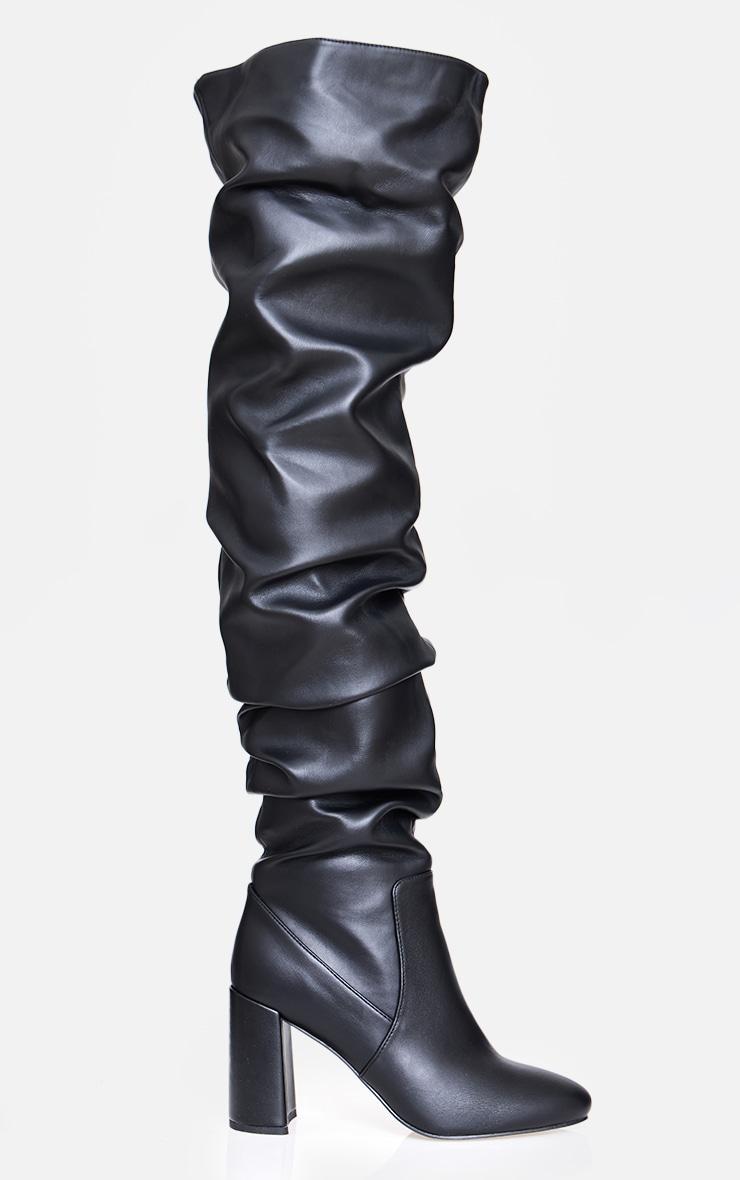 Black Wide Fit Pu Round Toe Ruched Over The Knee Block Heeled Boots Product Image