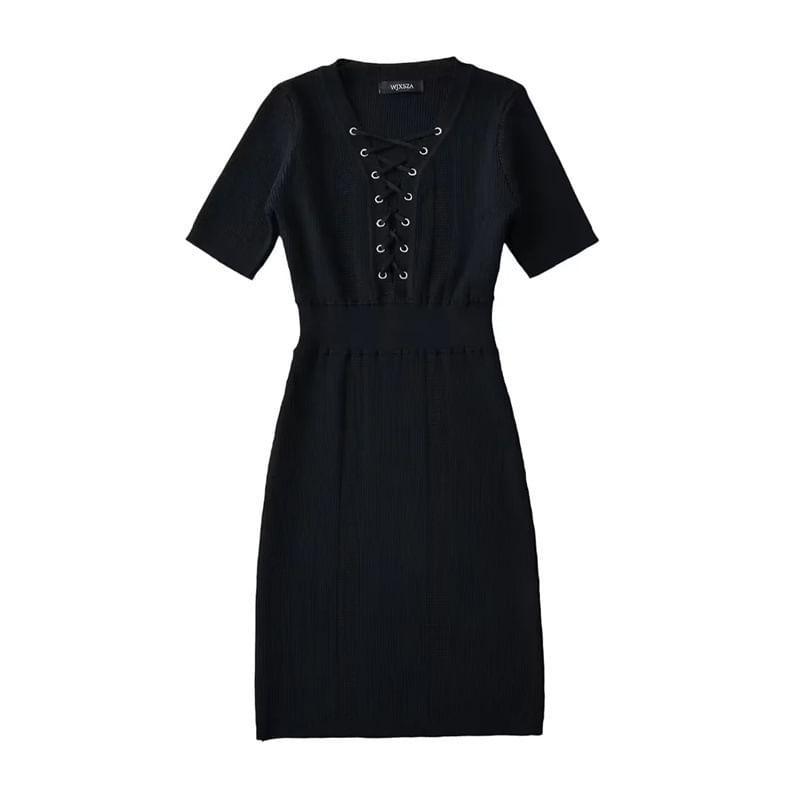 Short-Sleeve V-Neck Knit Midi Sheath Dress Product Image