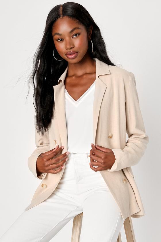 Uptown Aesthetic Beige Linen Belted Double-Breasted Blazer Product Image