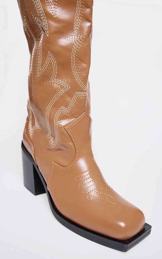 Tan PU Square Toe Stitch Detail Knee High Block Heel Western Boots Product Image