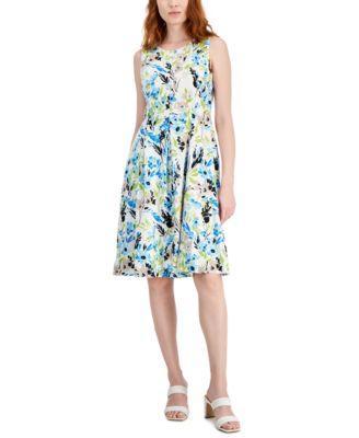 Kasper Womens Linen-Blend Printed Sleeveless Flared-Skirt Dress - Lily White Product Image