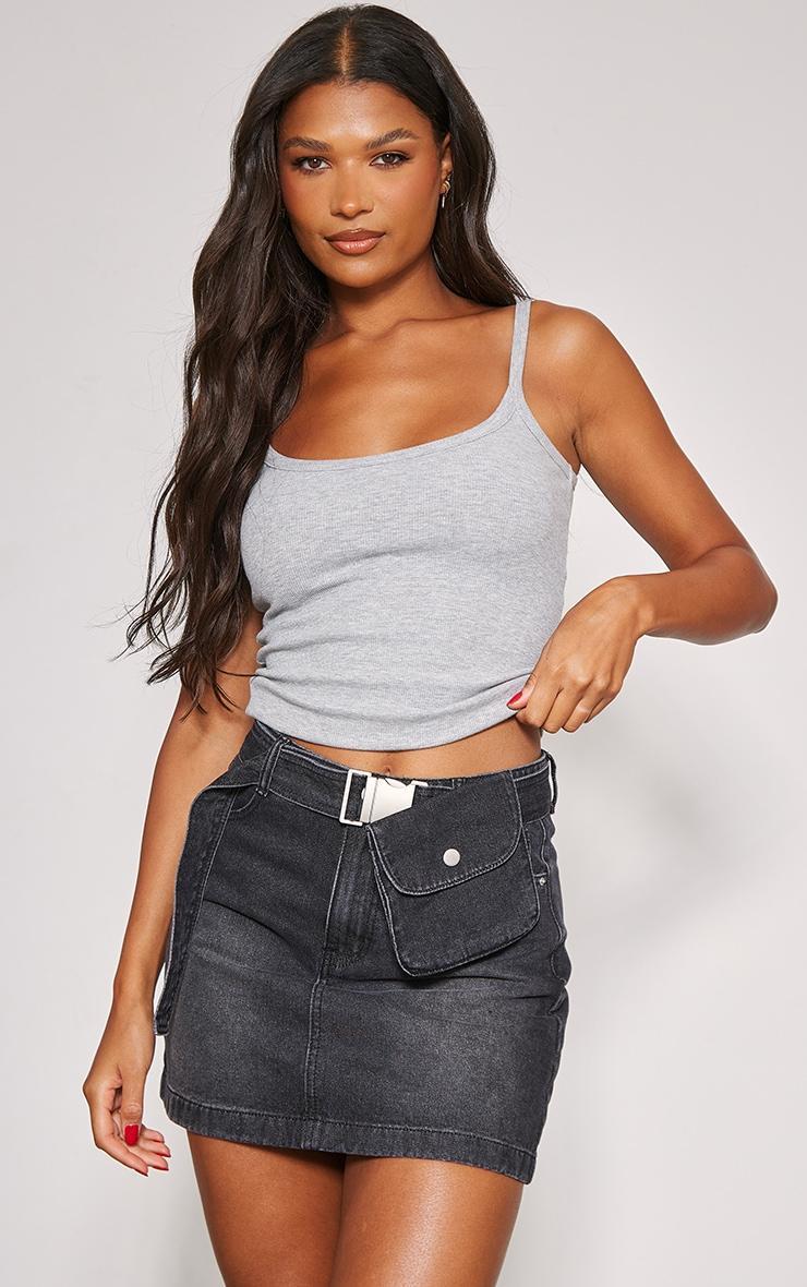 Washed Black Utility Belt Pouch Detail Denim Mini Skirt Product Image