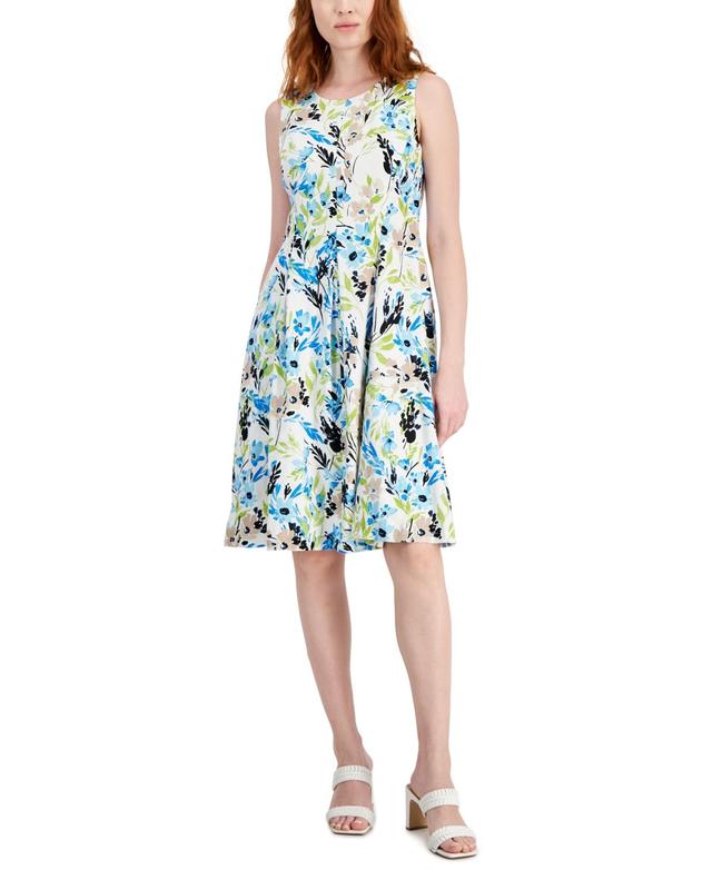 Kasper Womens Linen-Blend Printed Sleeveless Flared-Skirt Dress - Lily White Product Image