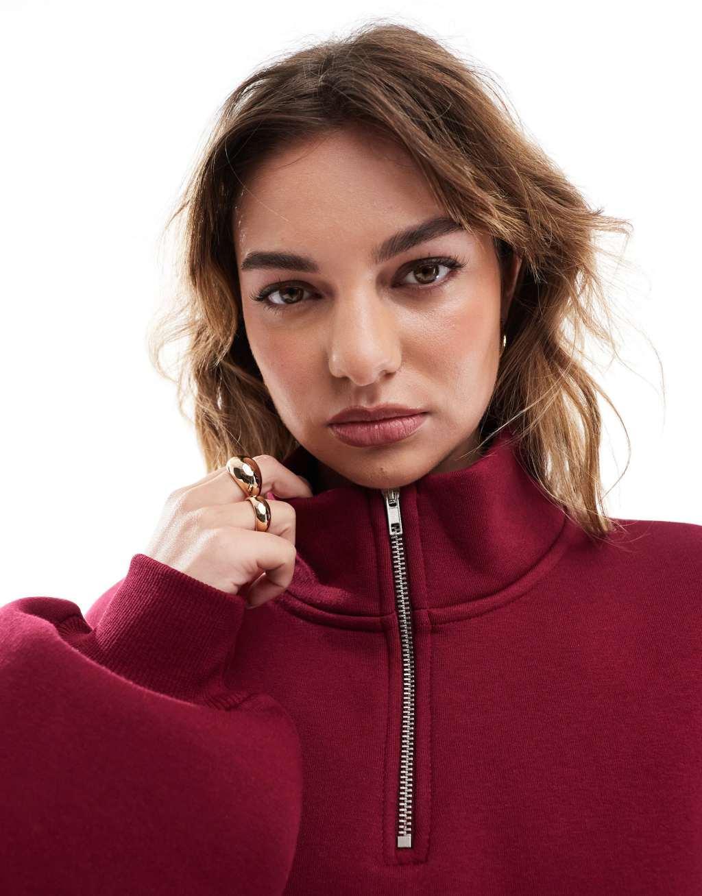 ASOS DESIGN half zip sweatshirt in burgundy Product Image