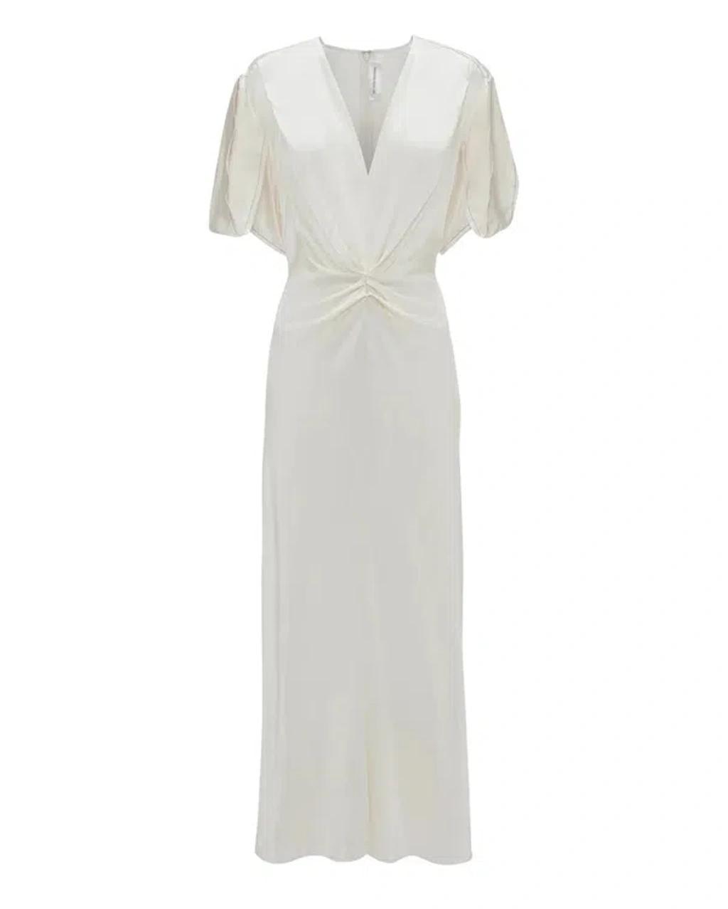 Gathered V Neck Midi Dress Ivory Product Image