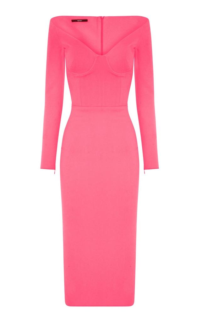 Strong-shoulder Bustier Stretch Crepe Midi Dress In Pink Product Image