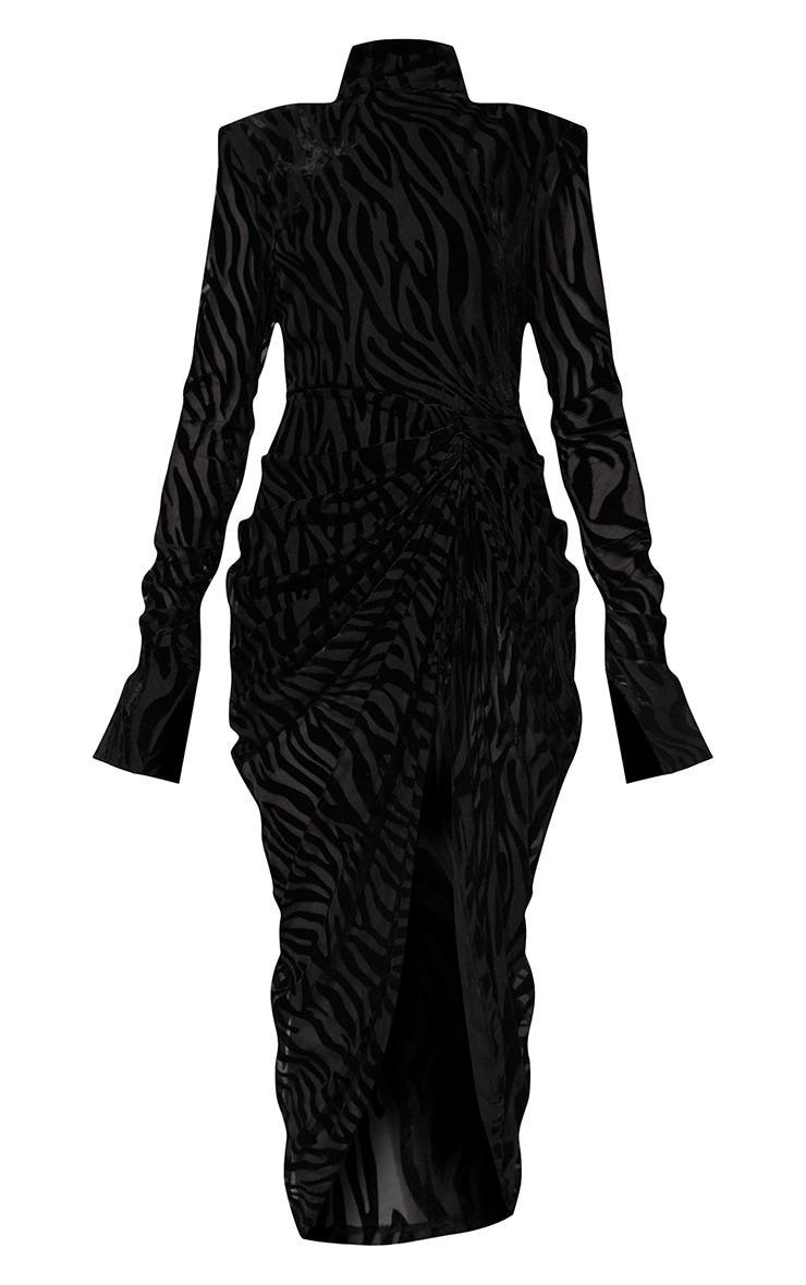 Black Zebra Print Devore High Neck Draped Midi Dress Product Image