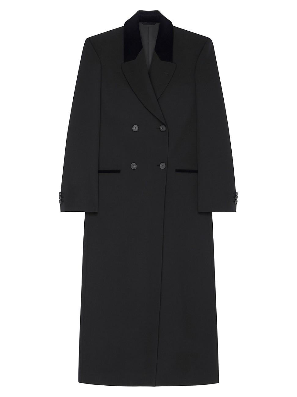 Womens Double Breasted Coat In Tricotine Wool With Velvet Details Product Image