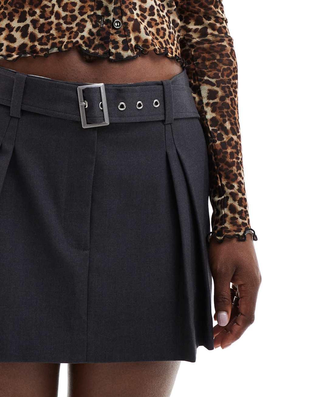 ASOS DESIGN tailored pleated mini skirt with belt detail in charcoal Product Image