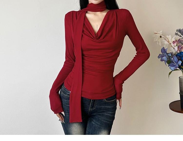 Long-Sleeve V-Neck Plain Top Product Image