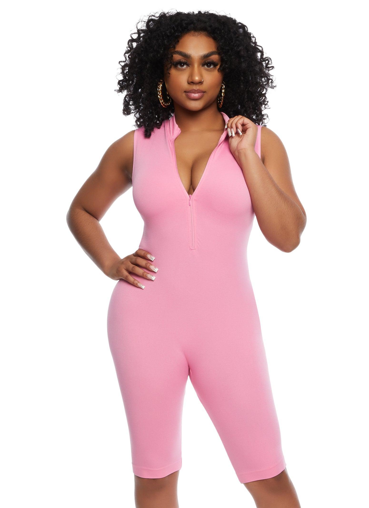 Womens Seamless Ribbed Zip Front Romper Product Image