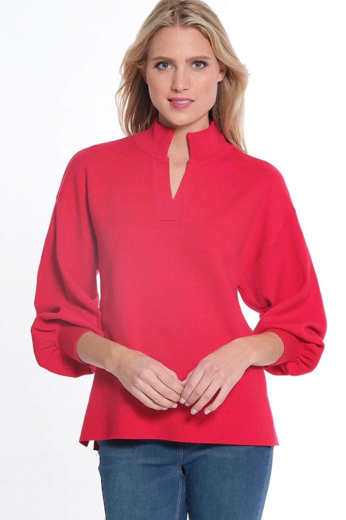 Cuffed 3/4 Sleeve Drop Shoulder Mock Neck Sweater Top Product Image