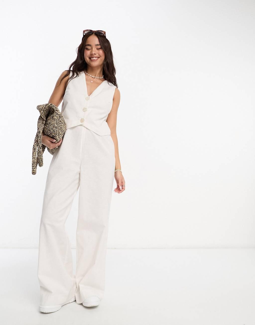 ASOS DESIGN 2 in 1 linen look vest jumpsuit in brown Product Image