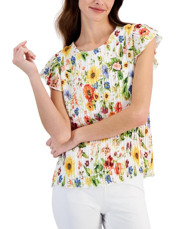 T Tahari Womens Floral-Printed Flutter-Sleeve Pleated Top Product Image