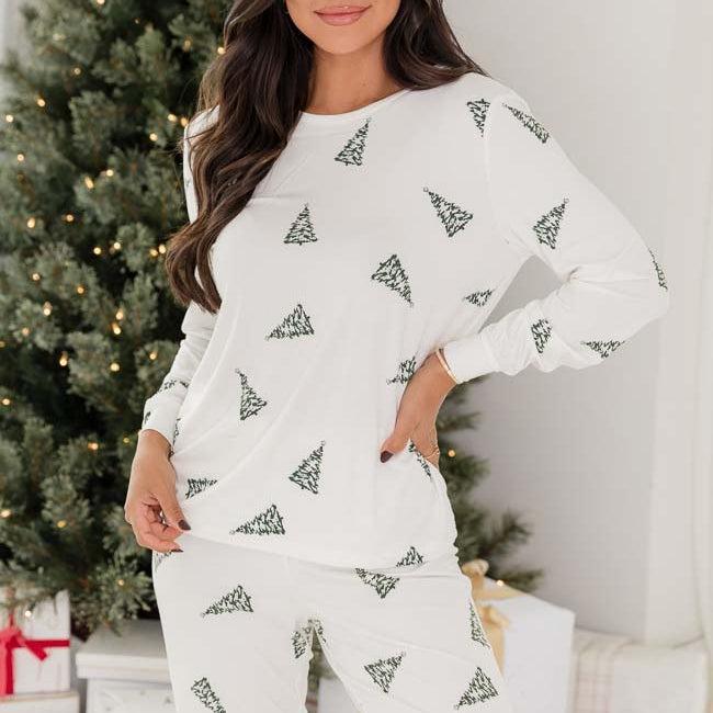 Merry All The Way Cream Christmas Tree Print Pajama Top FINAL SALE Product Image