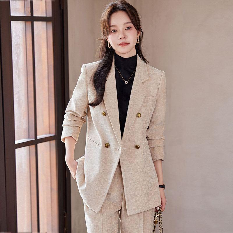 Lapel Collar Plain Double Breasted Blazer / Mid Rise Plain Wide Leg Fit Dress Pants / Set Product Image