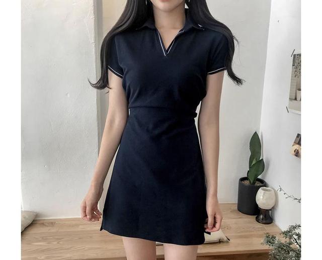 Short-Sleeve Collar Plain Mini A-Line Dress Product Image