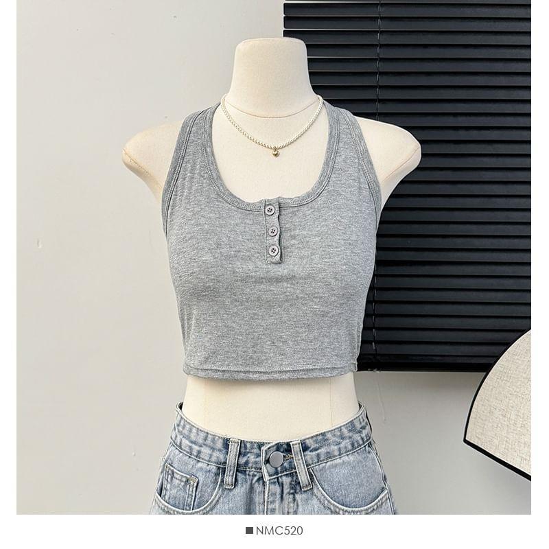 Plain Henley-Neck Halter Top in 5 Colors Product Image