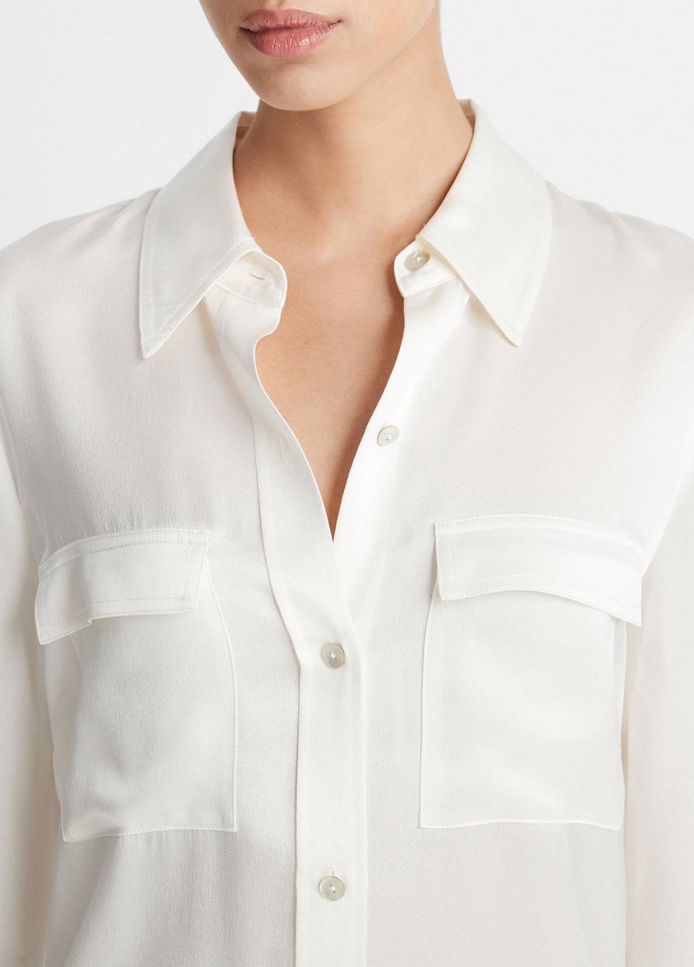 Silk Chest-Pocket Long-Sleeve Blouse Product Image