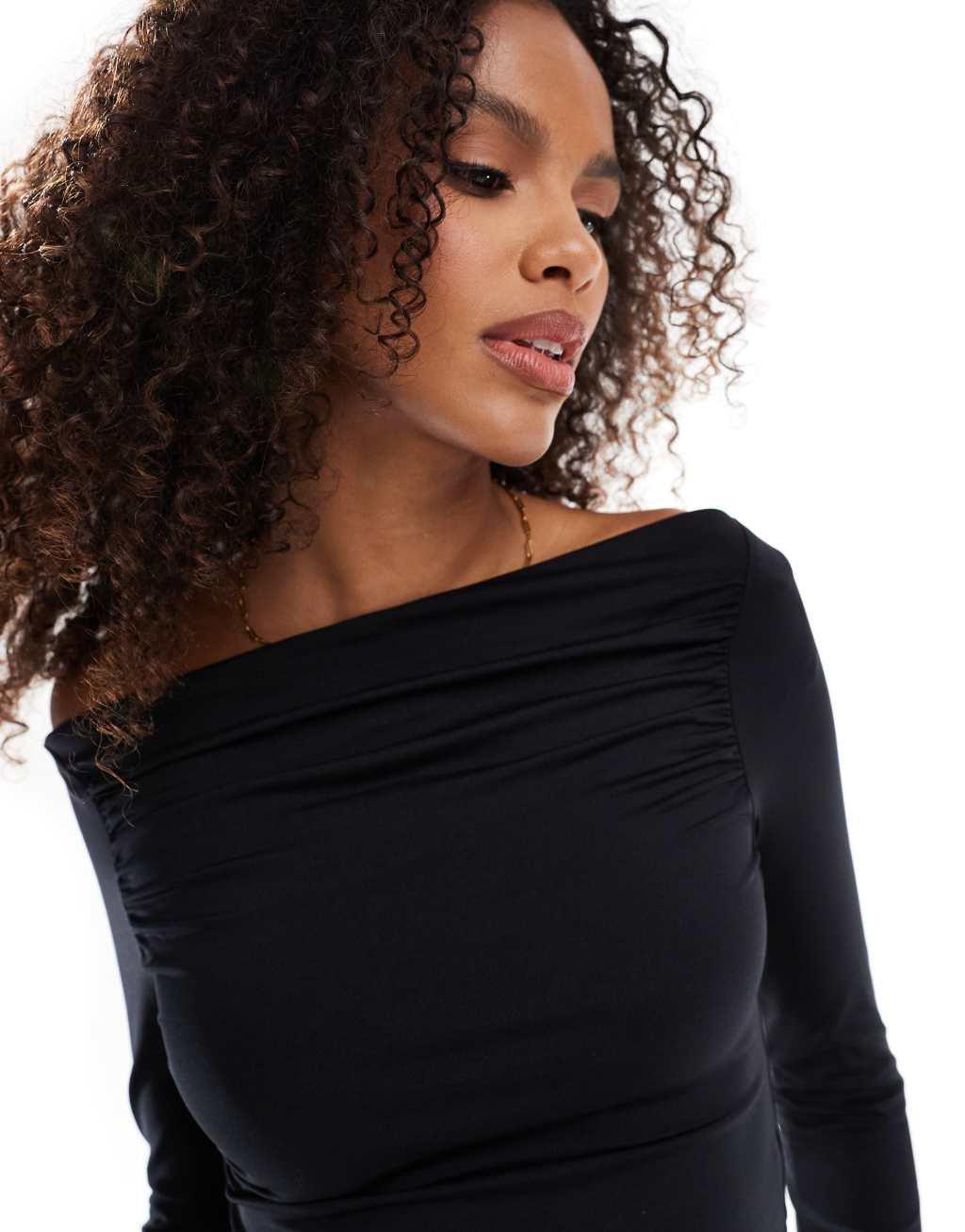 Stradivarius STR polyamide slash neck top in black Product Image