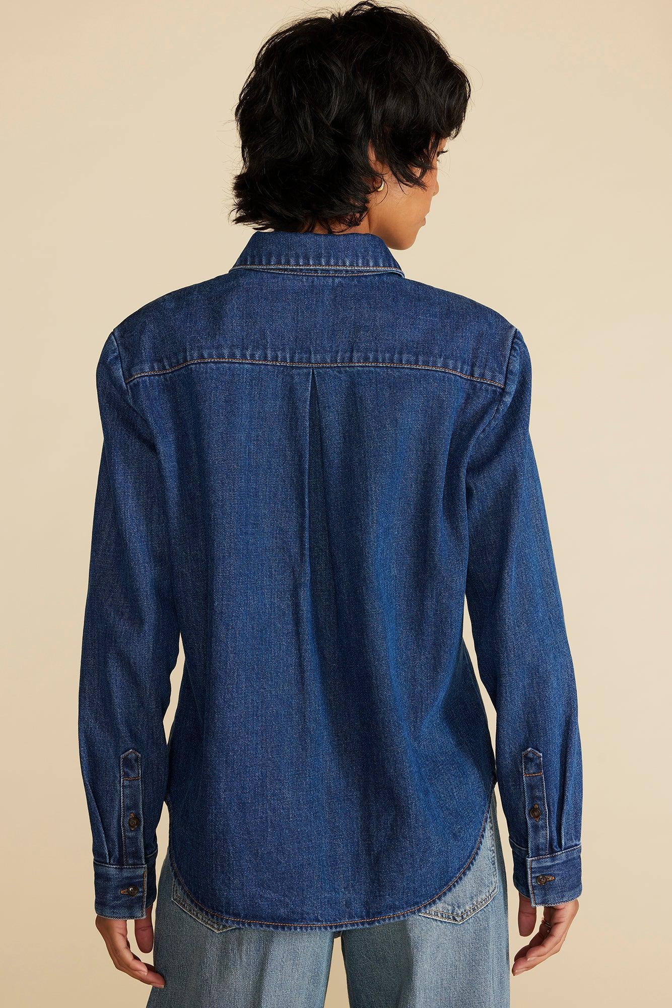 Bixby Denim Collared Long Sleeve Top - Indigo Blue Product Image