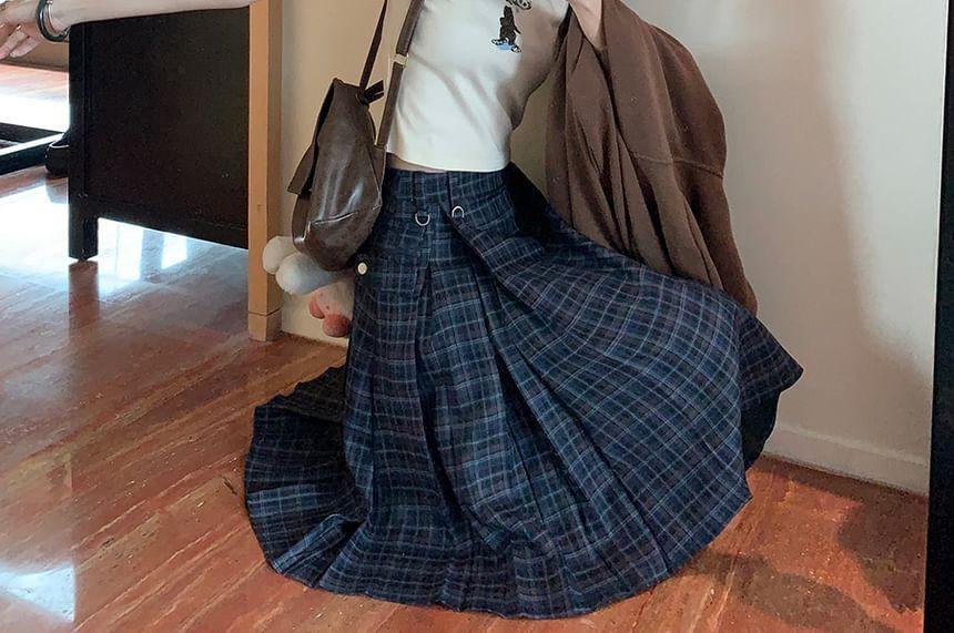 High Waist Plaid Pleated Midi A-Line Skirt Product Image