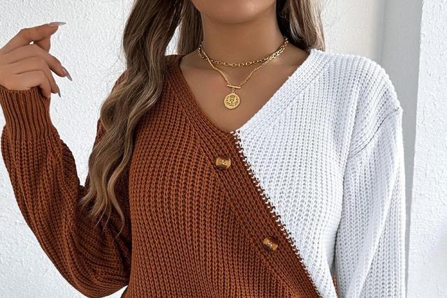 V-Neck Two Tone Button Accent Sweater Product Image