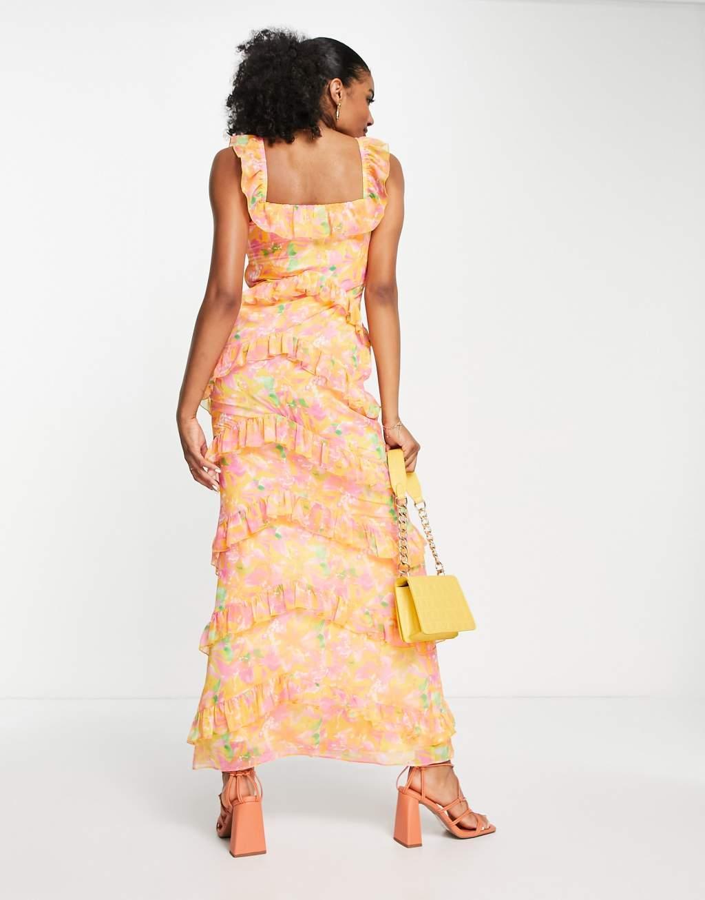 Pretty Lavish Cecile ruffle maxi dress in orange and pink abstract floral Product Image