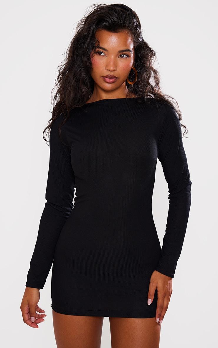 Black Ribbed Long Sleeve Bodycon Dress Product Image