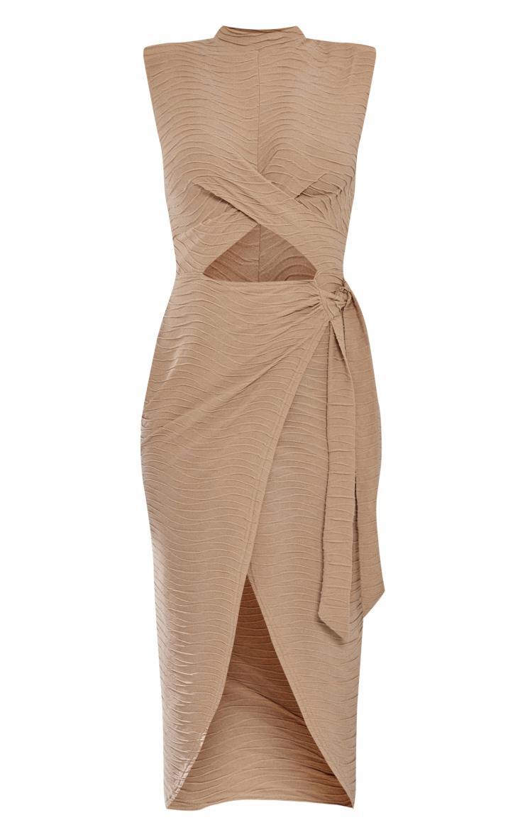 Stone Textured High Neck Cross Waist Wrap Midi Dress Product Image