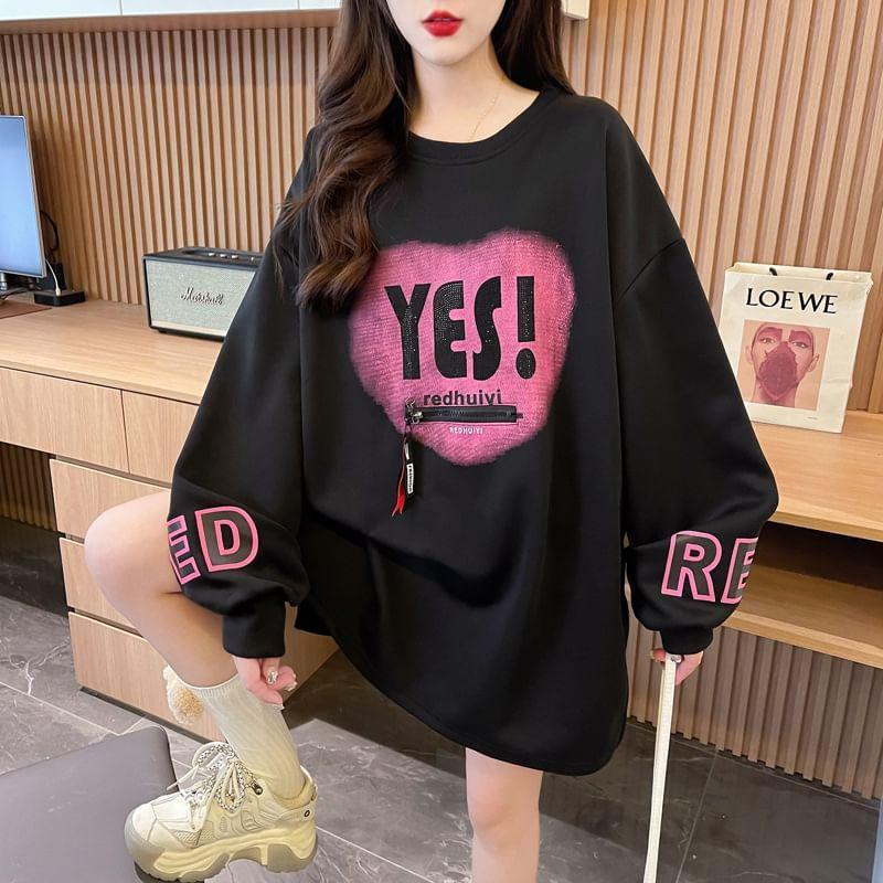 Round Neck Lettering Print Rhinestone Accent Zipped Oversized Pullover Product Image