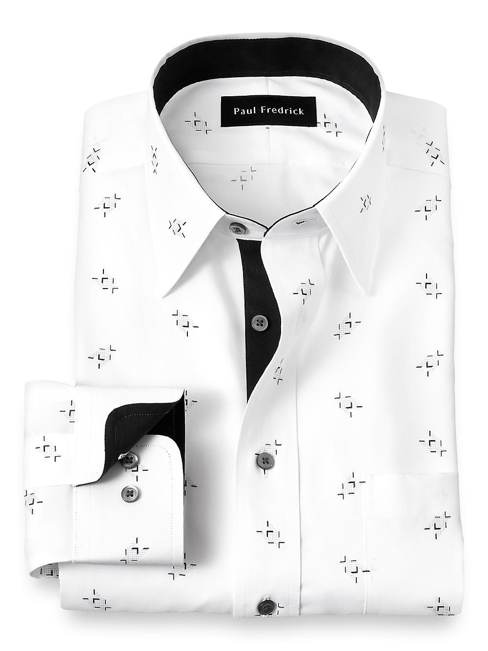 Tailored Fit Non-iron Cotton Houndstooth Print Dress Shirt With Contrast Trim Product Image