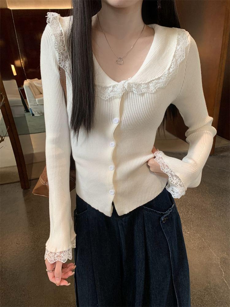 Long-Sleeve Collar Lace Trim Button Ribbed Knit Top Product Image