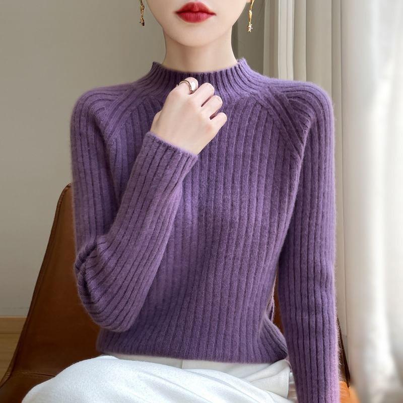 Long-Sleeve Mock Neck Ribbed Knit Top Product Image