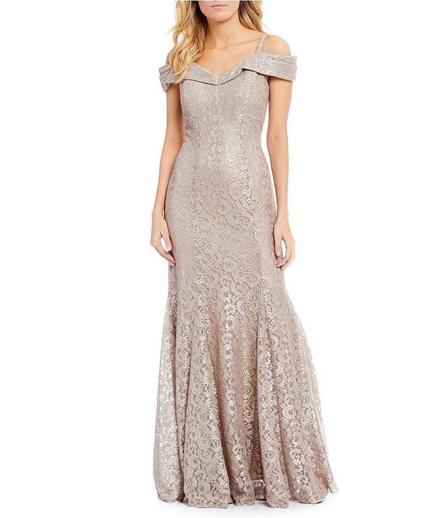 R & M Richards Off-the-Shoulder Cap Sleeve Floral Lace Mermaid Gown Product Image